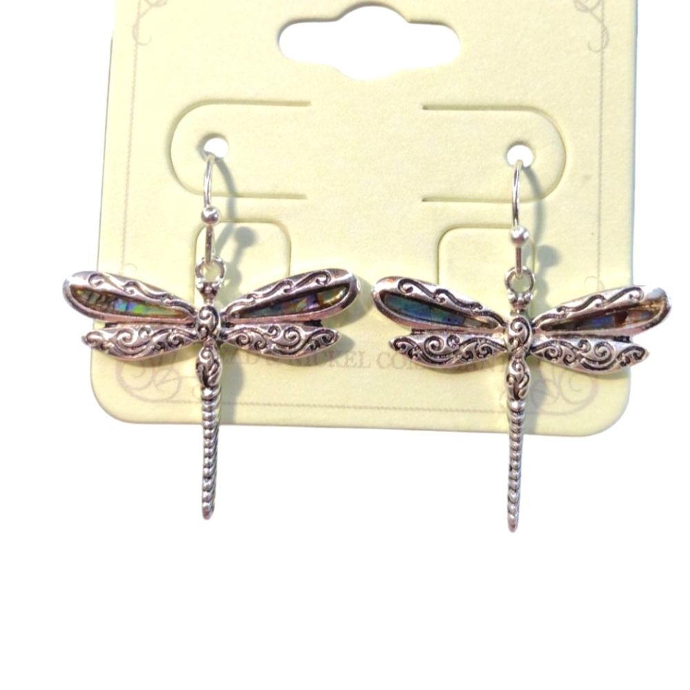 Abilone Dragonfly Earrings Antique Metal